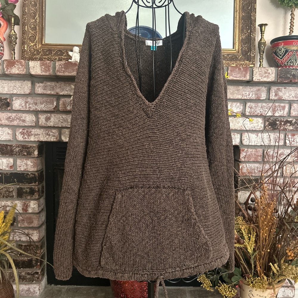 Y2K Old Navy Brown Boho Beach Style Hooded Knit Sweater Zs XL